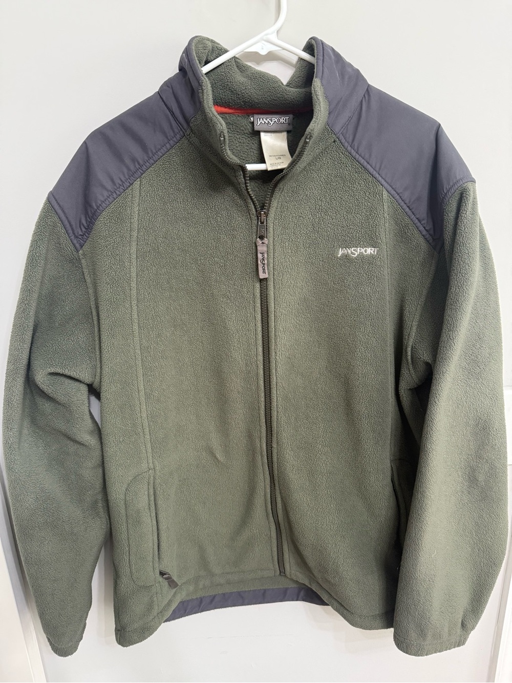 Jansport Olive Green Fleece Jacket with Gray Shoulder Panels